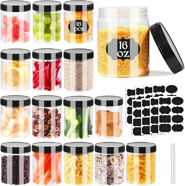 16x 16oz Clear Plastic Jars With Lids