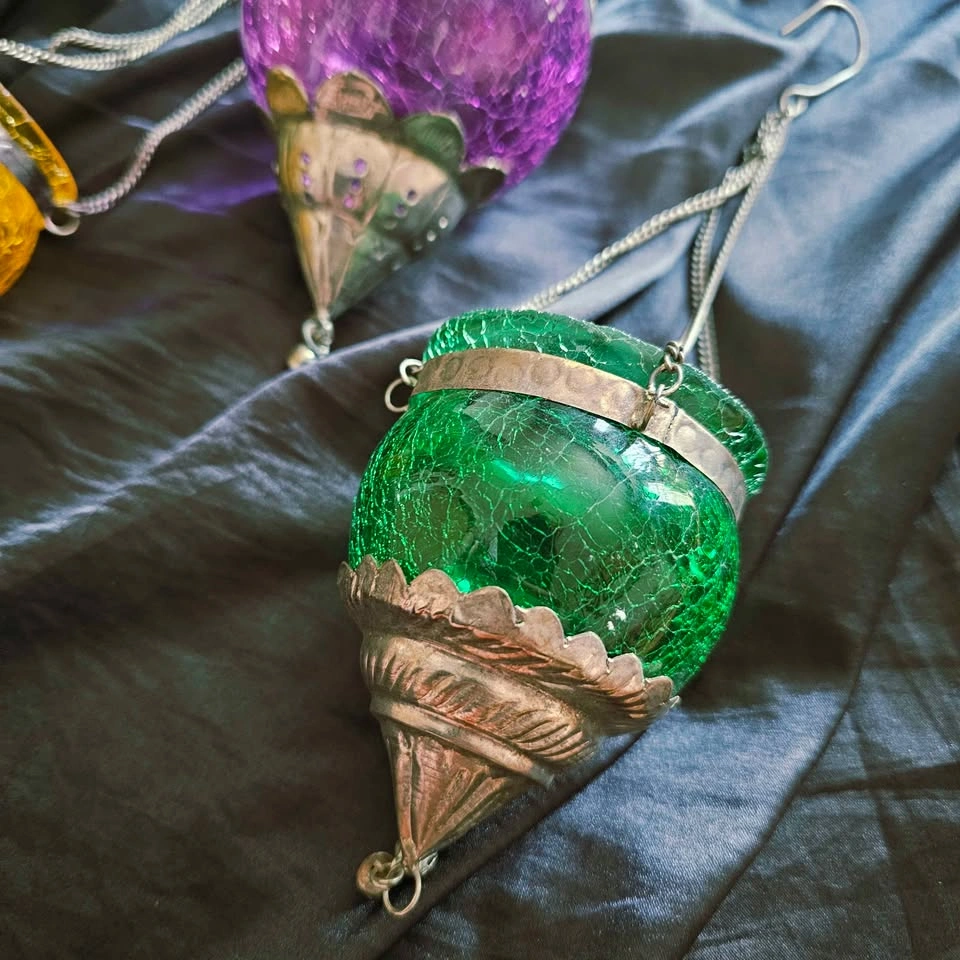 Set of 4 Moroccan Style Hanging Crackle Glass Tea Light Lanterns - photo 2