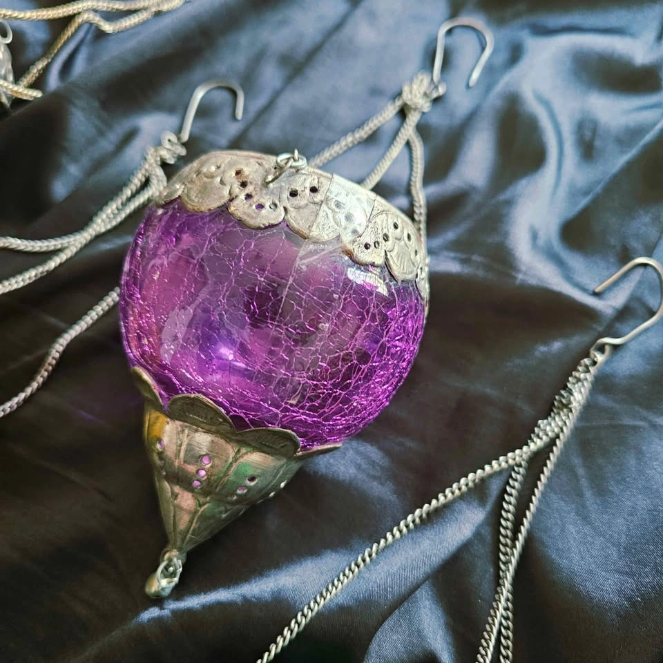 Set of 4 Moroccan Style Hanging Crackle Glass Tea Light Lanterns - photo 3