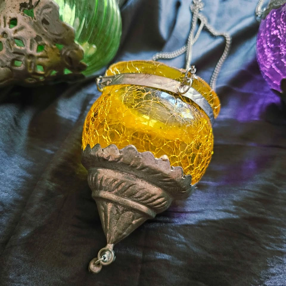 Set of 4 Moroccan Style Hanging Crackle Glass Tea Light Lanterns - photo 4