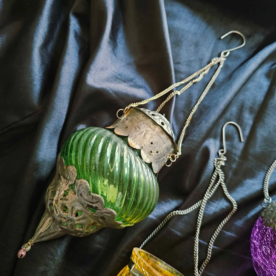 Set of 4 Moroccan Style Hanging Crackle Glass Tea Light Lanterns - photo 5