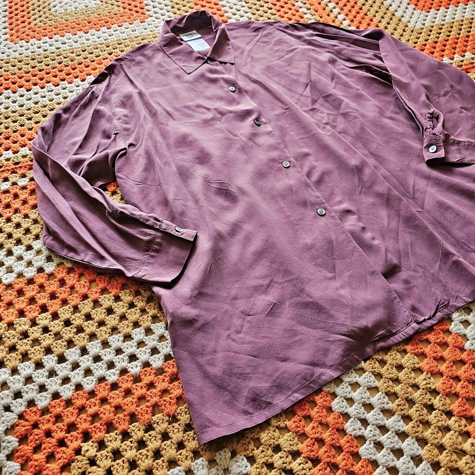 100% Silk Dusty Rose Plum Mauve Long Sleeve Button Up Blouse Lau