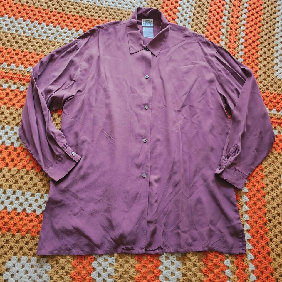 100% Silk Dusty Rose Plum Mauve Long Sleeve Button Up Blouse Lau - photo 2