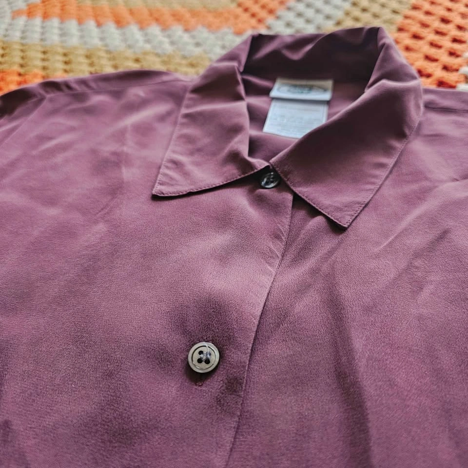 100% Silk Dusty Rose Plum Mauve Long Sleeve Button Up Blouse Lau - photo 4