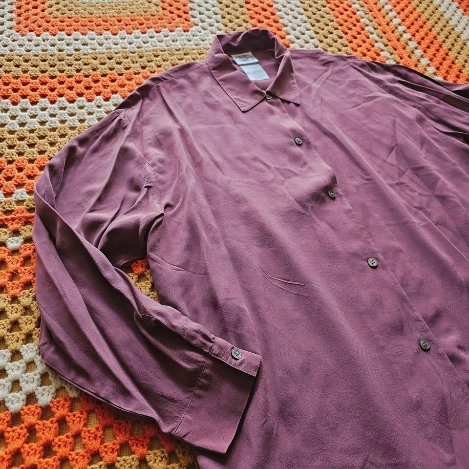 100% Silk Dusty Rose Plum Mauve Long Sleeve Button Up Blouse Lau - photo 5