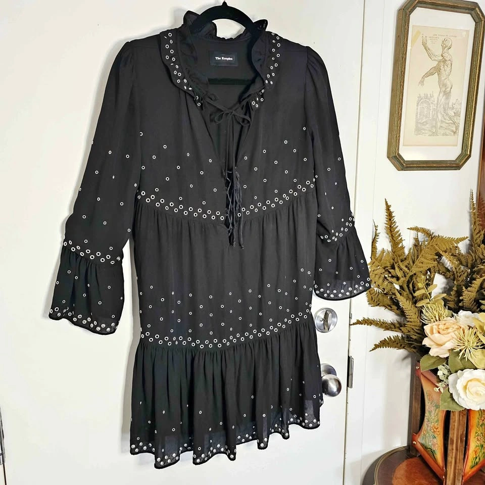 The Kooples XS Black Grommet Eyelet Ruffle Mini Dress