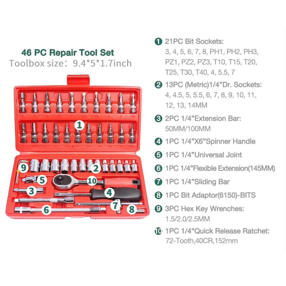 46 Pcs 1/4" Drive Socket Ratchet Wrench Set w/ Case - photo 2