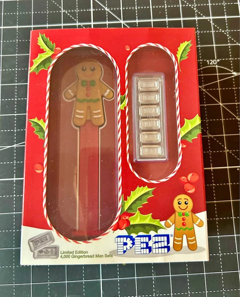 PEZ Gingerbread Man Silver Wafers & Dispenser Gift Set
