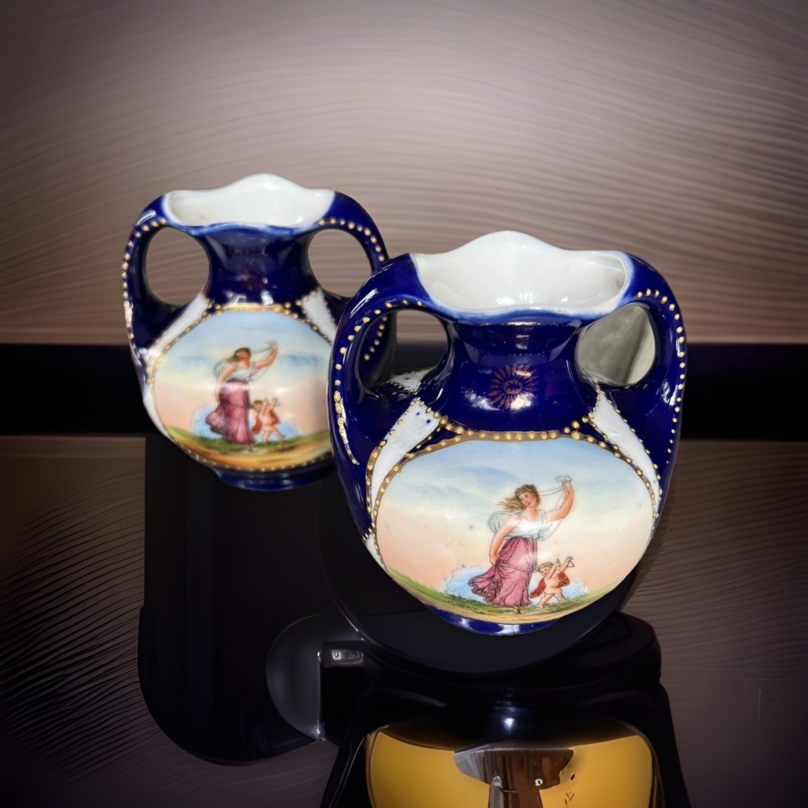 Two Ceramic Bud Vases Vintage Pottery Antique Cobalt Blue White