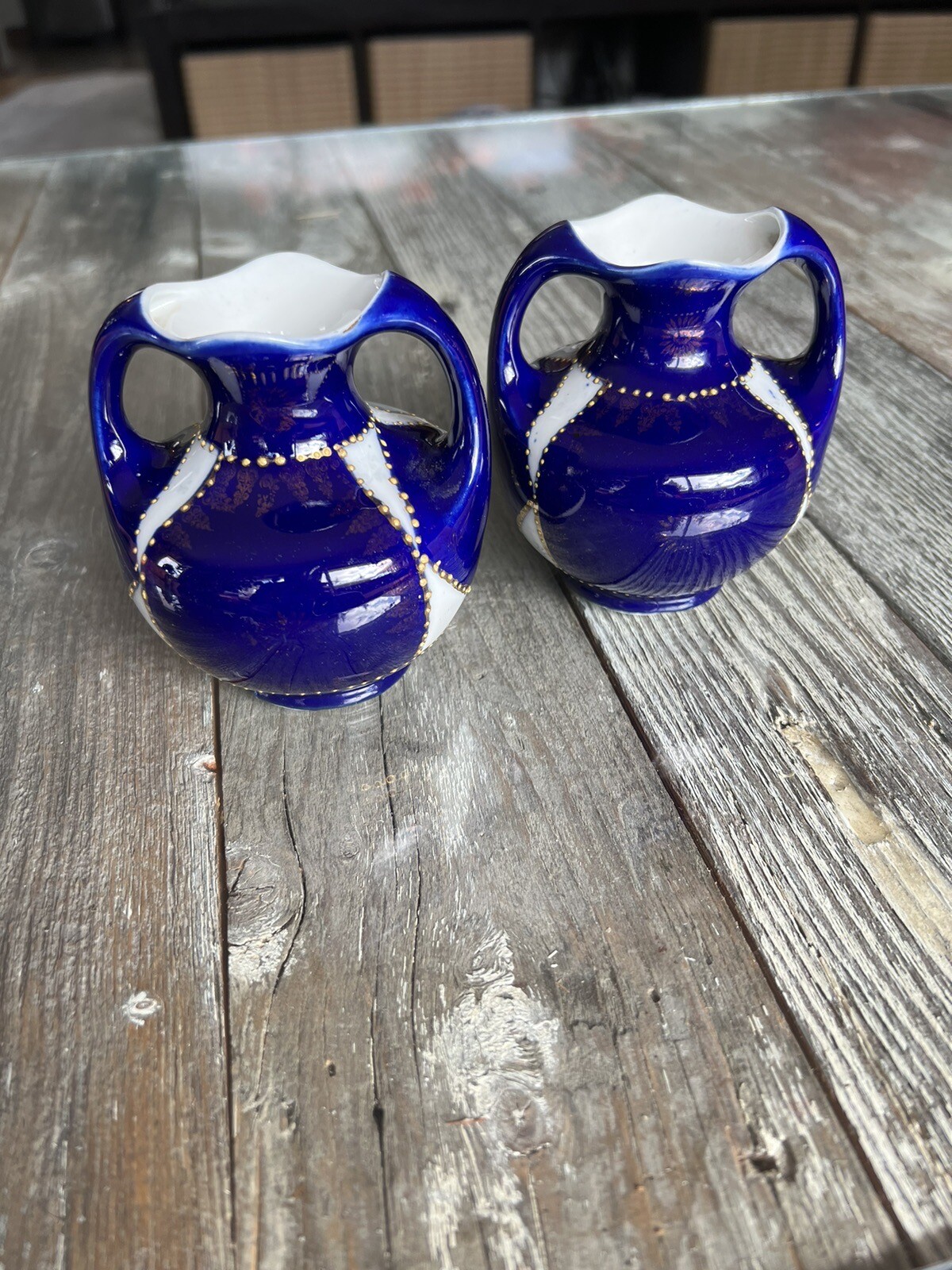 Two Ceramic Bud Vases Vintage Pottery Antique Cobalt Blue White - photo 3