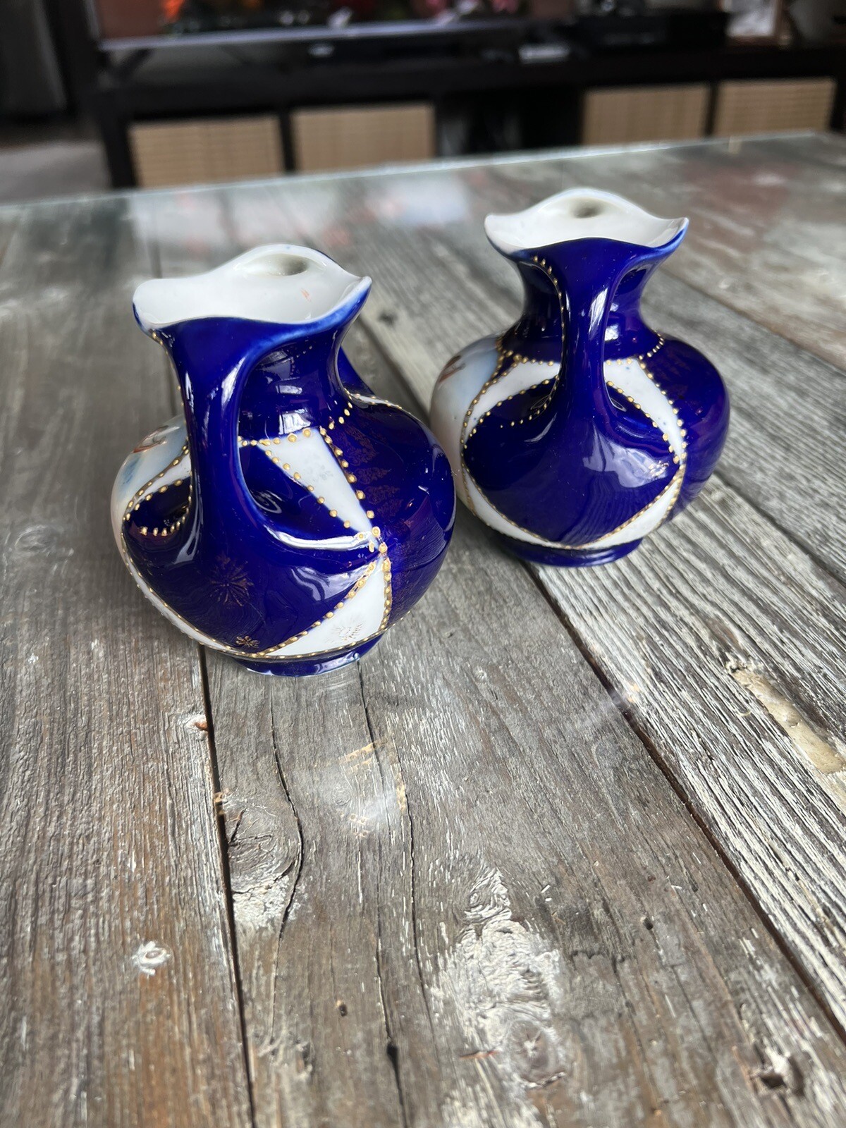 Two Ceramic Bud Vases Vintage Pottery Antique Cobalt Blue White - photo 4