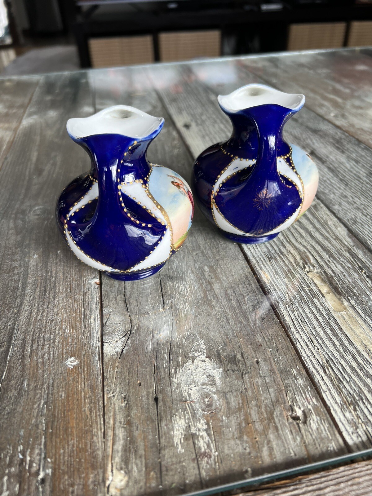 Two Ceramic Bud Vases Vintage Pottery Antique Cobalt Blue White - photo 5