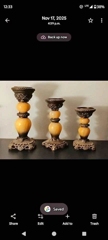 Set of 3 ornate bronze tone & marbled glass candle holders. 8",
