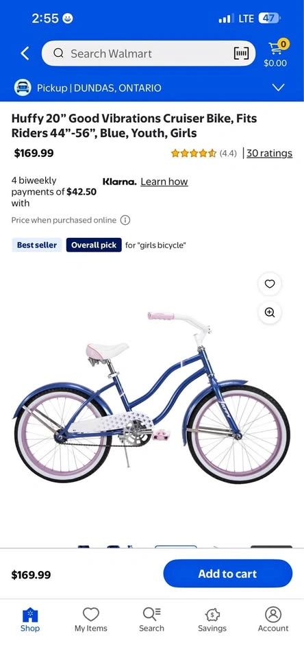 Huffy 20" Good Vibrations Cruiser Bike Blue Girls