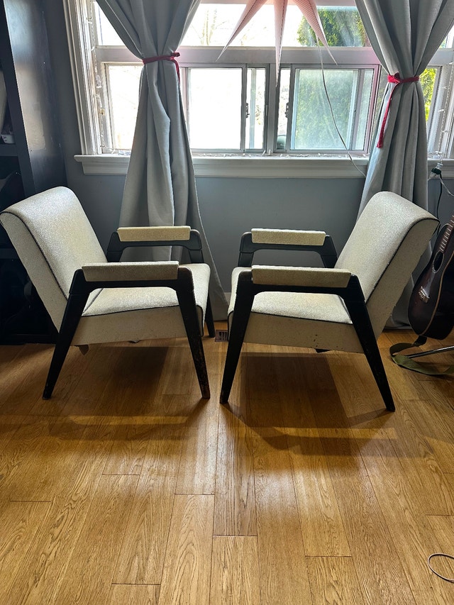 MCM Vinyl Gold Fleck Arm Chairs - 2 Available