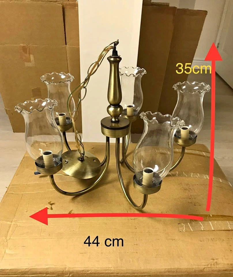 Vintage Brass 5-Light Chandelier with Glass Shades