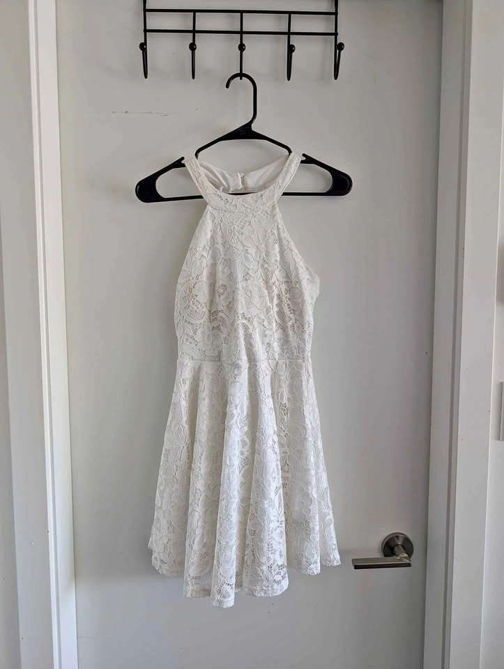 White Lace Halter Mini Dress Size S, Stretchy with padded cups