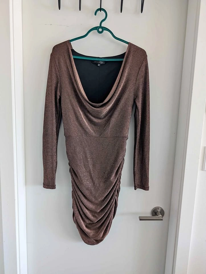 Dynamite Metallic Shimmer Cowl Neck Ruched Mini Dress P/S