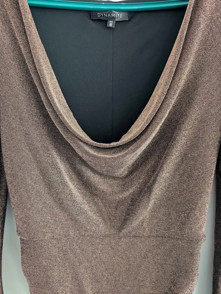 Dynamite Metallic Shimmer Cowl Neck Ruched Mini Dress P/S - photo 3