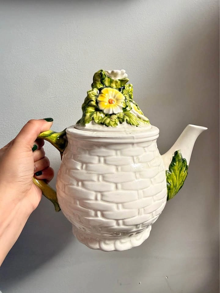 ESD Vintage Hand Painted Floral Basket Weave Teapot Mug Set