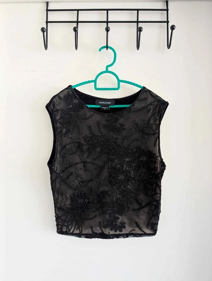 Marciano Black Beaded Embroidered Mesh Top - Size XS