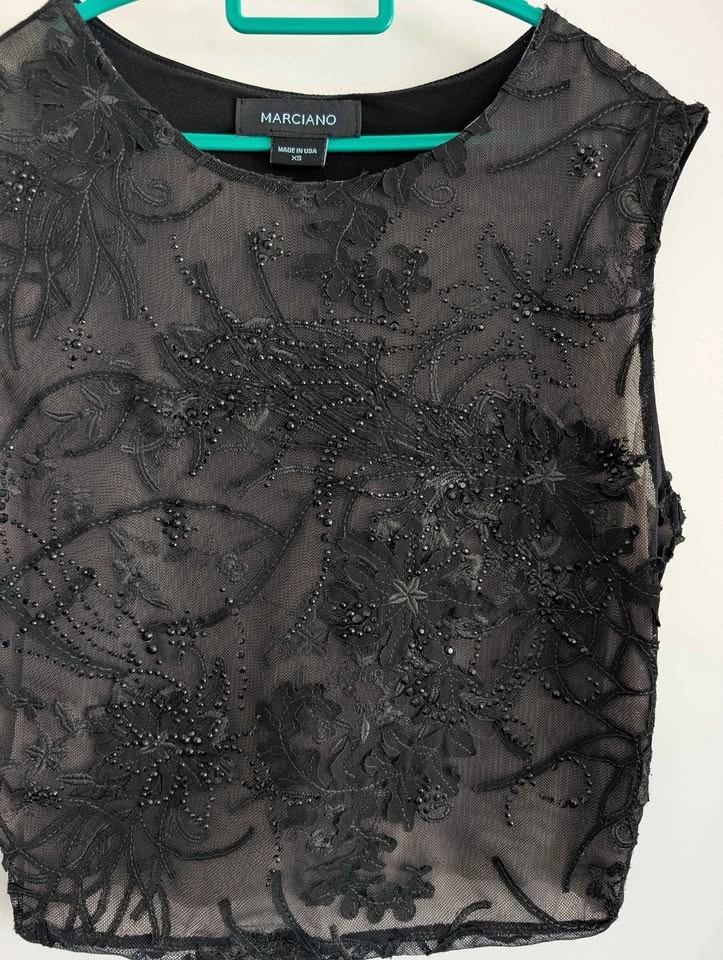 Marciano Black Beaded Embroidered Mesh Top - Size XS - photo 3