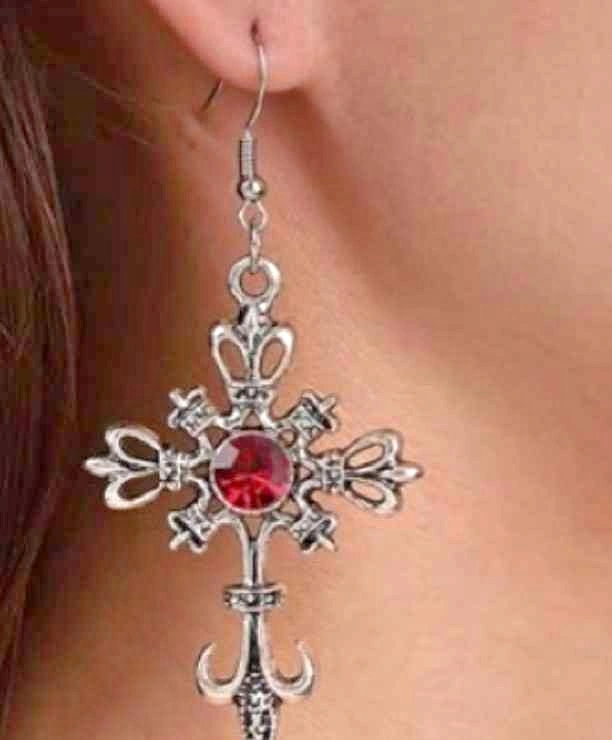 Vintage Gothic Cross Earrings Red Gemstone Alt Vampire Punk NWT