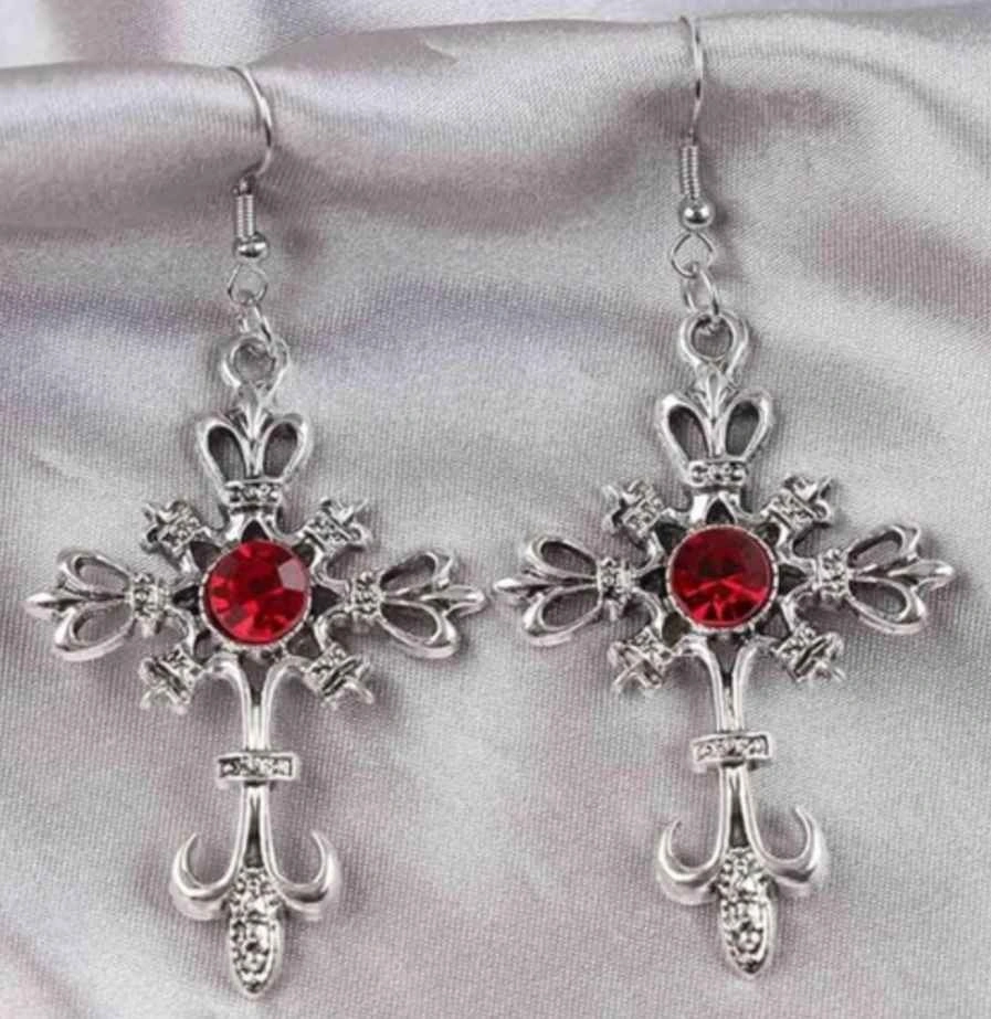Vintage Gothic Cross Earrings Red Gemstone Alt Vampire Punk NWT - photo 2