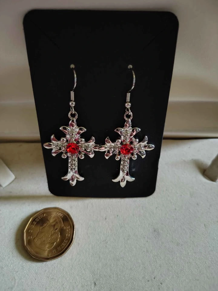Vintage Gothic Cross Earrings Red Gemstone Alt Vampire Punk NWT - photo 4