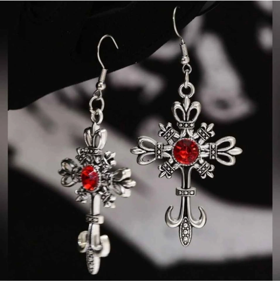 Vintage Gothic Cross Earrings Red Gemstone Alt Vampire Punk NWT - photo 5
