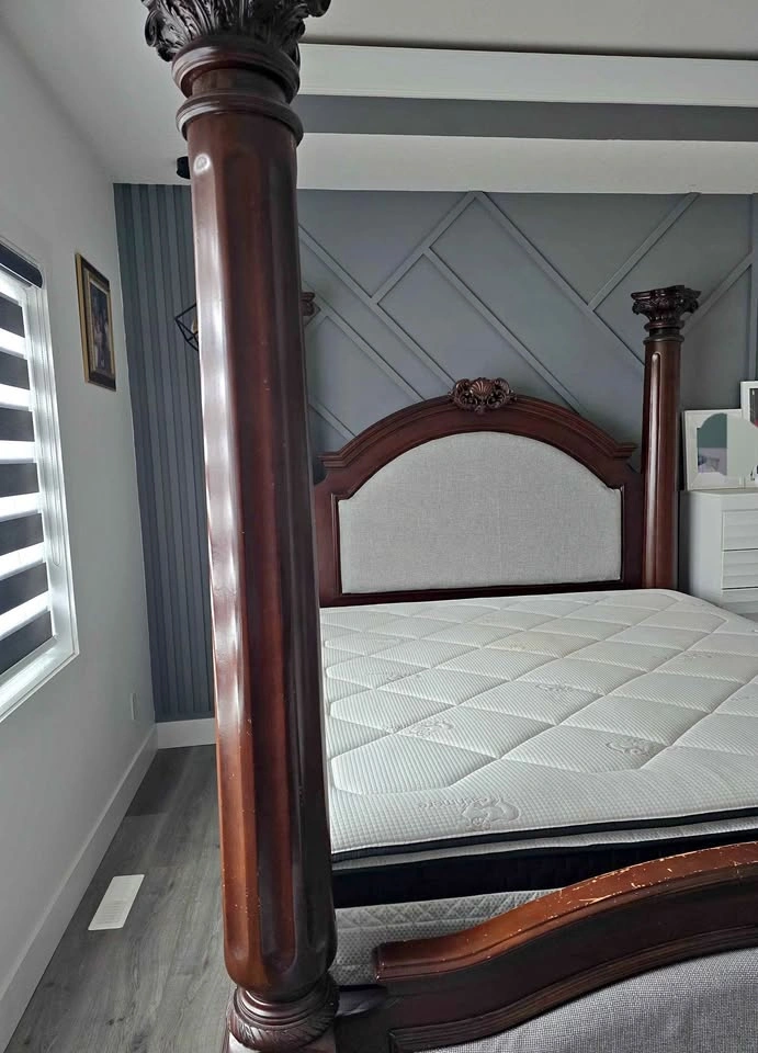 Dark Wood Four-Poster Bed Frame w/ Dresser & Mirror