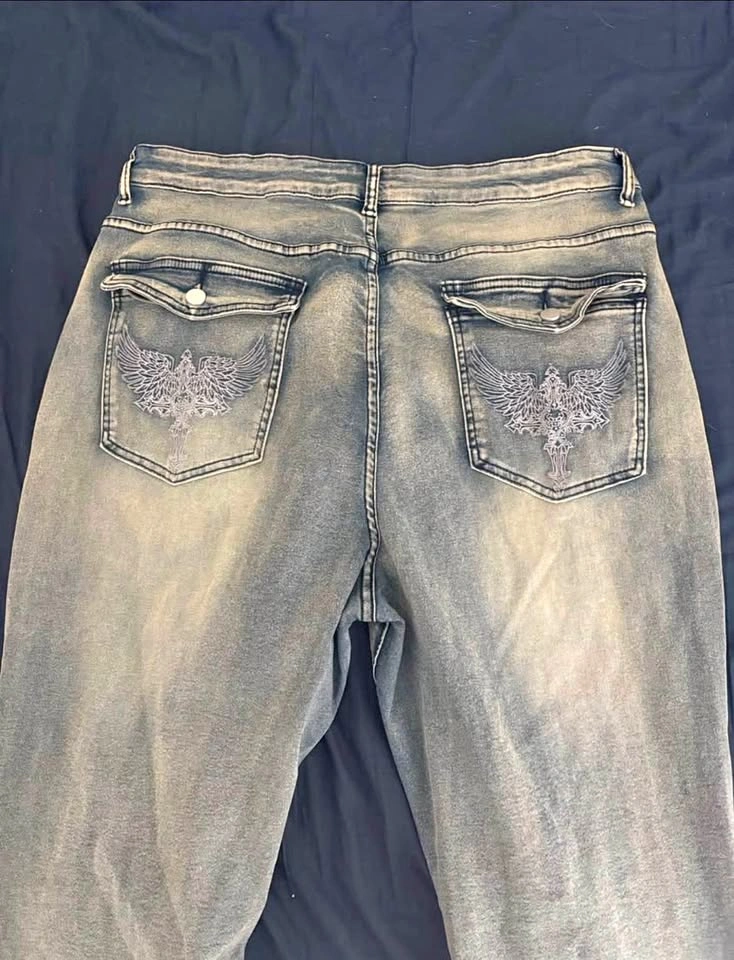 SZ18-20 Plus Light Wash Flared Jeans with Wing Embroidery Y2K Al