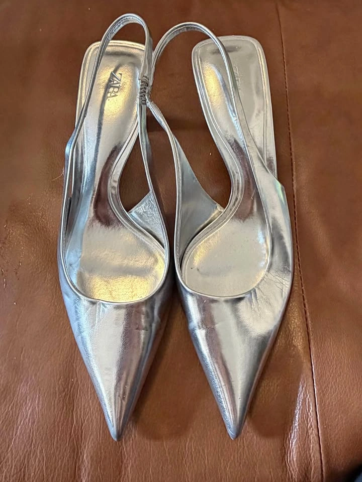 Zara Silver Slingback Pointed Toe Heels - 39
