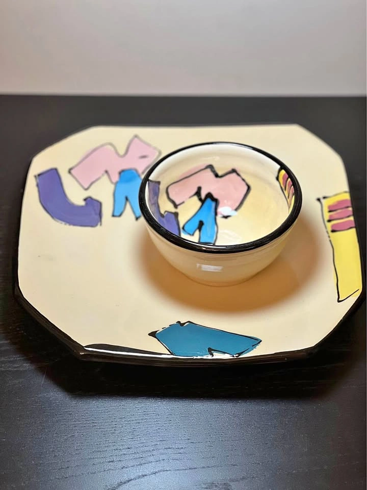 Vintage Studio Pottery Chip & Dip Set 1980s Memphis Style