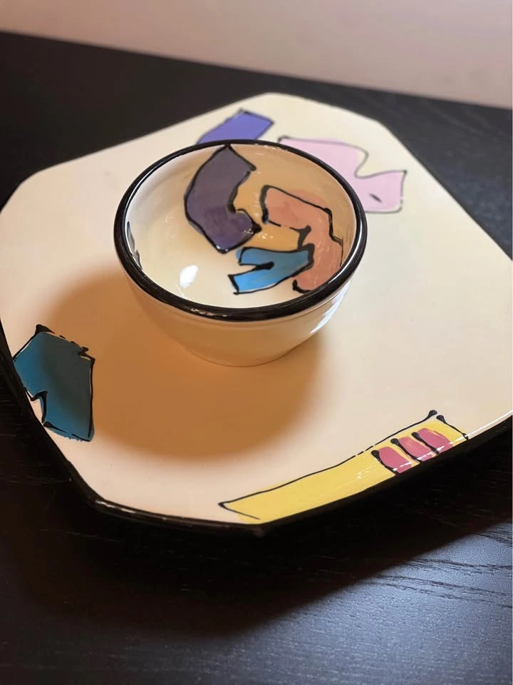 Vintage Studio Pottery Chip & Dip Set 1980s Memphis Style - photo 2