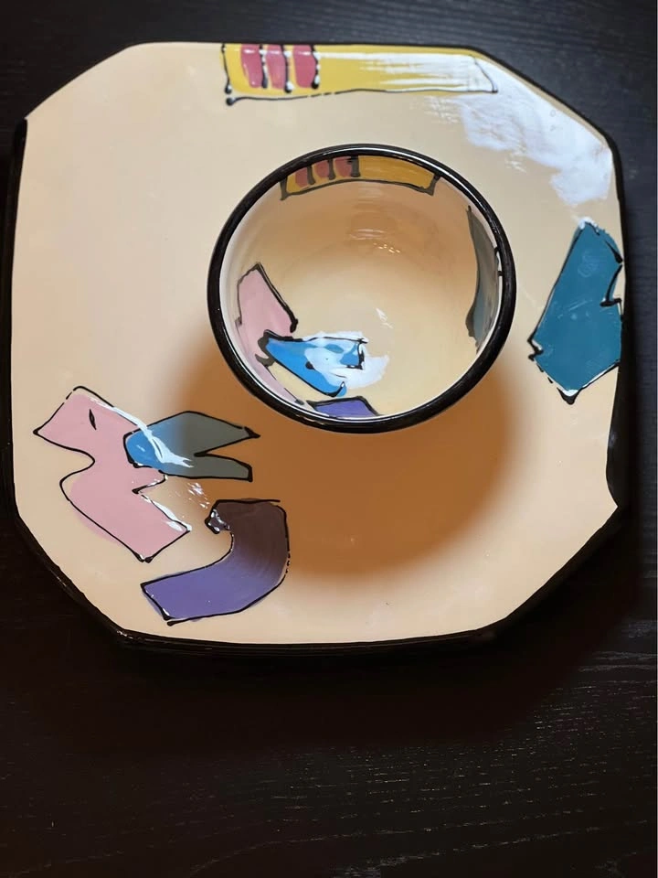 Vintage Studio Pottery Chip & Dip Set 1980s Memphis Style - photo 4