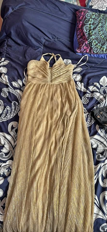 Le Chateau Gold Shimmer Halter Maxi Dress
