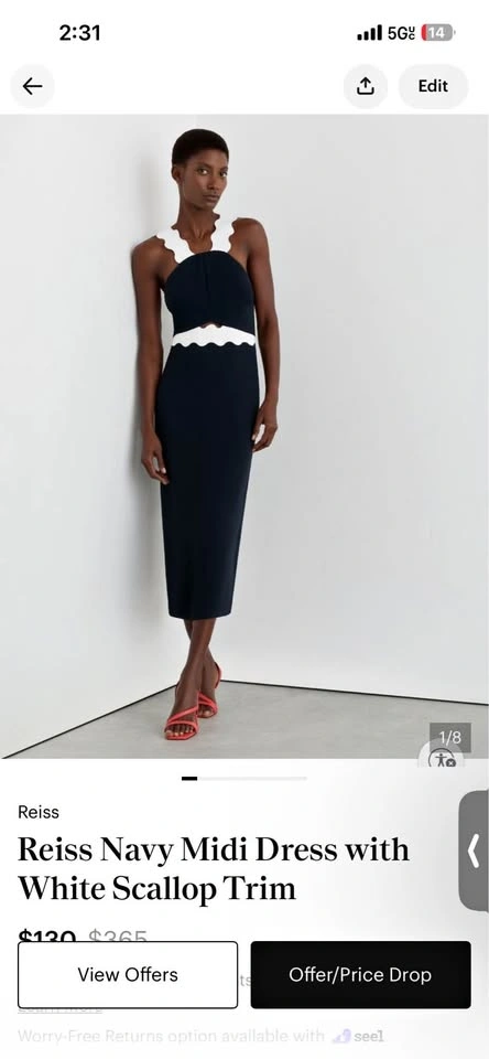 Reiss Navy Midi Dress with White Scallop Trim - New with tags