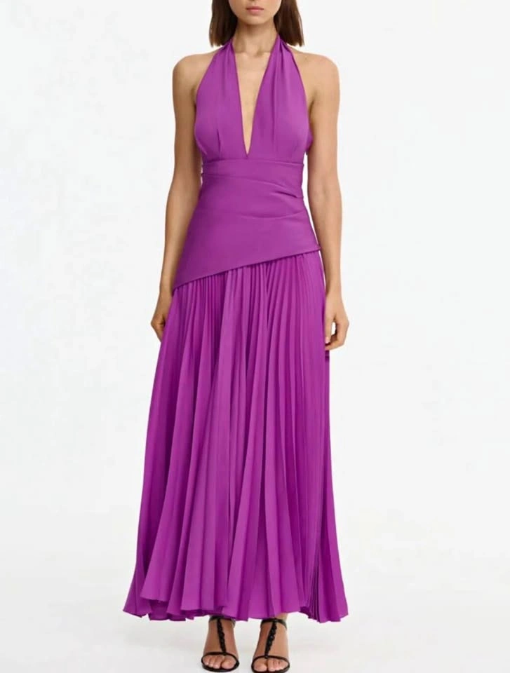 ACLER Mulberry Halter-Neck Pleated Maxi Dress - New with Tags