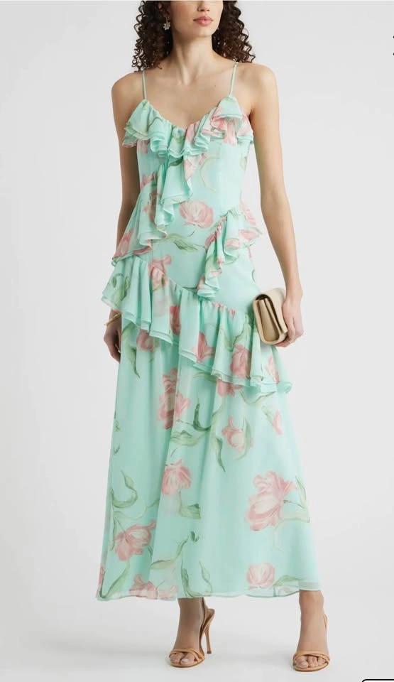 Chelsea28 Mint Green Floral Ruffle Maxi Dress