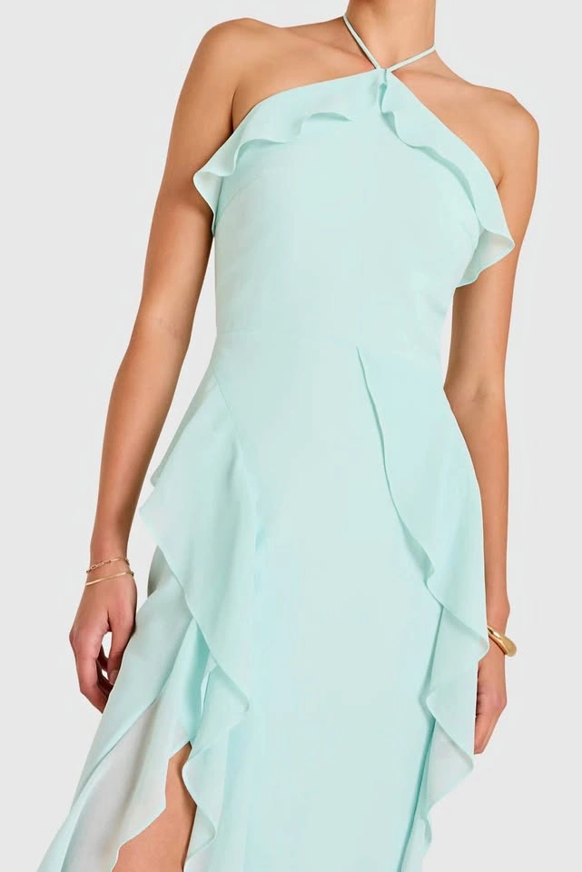 Amanda Uprichard Halter Ruffle Maxi Dress - Pale Blue