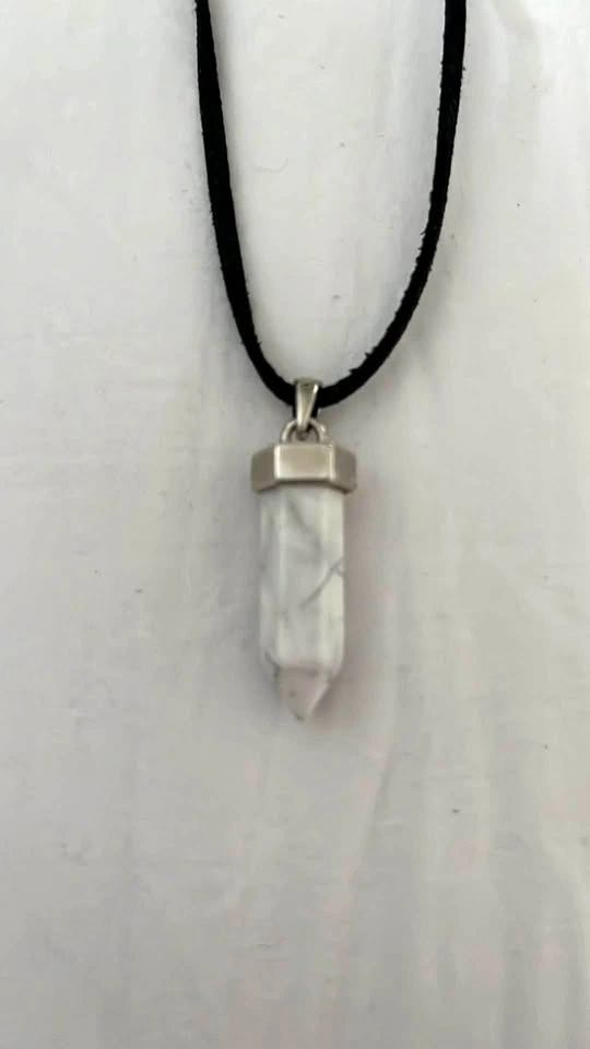 Howlite Crystal point necklace, natural stone on a black cord.