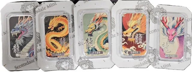 Full set of 5 Scottsdale Proof 1oz Colored Dragon Bar thumbnail