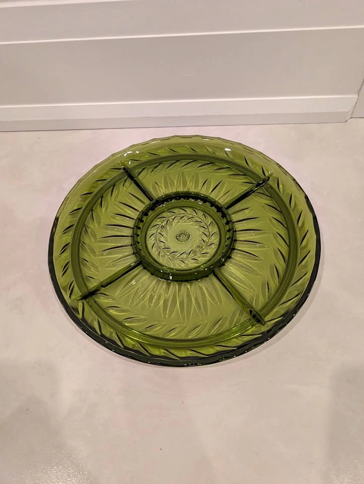 Vintage Indiana Glass Avocado Green Relish Tray MCM 13"