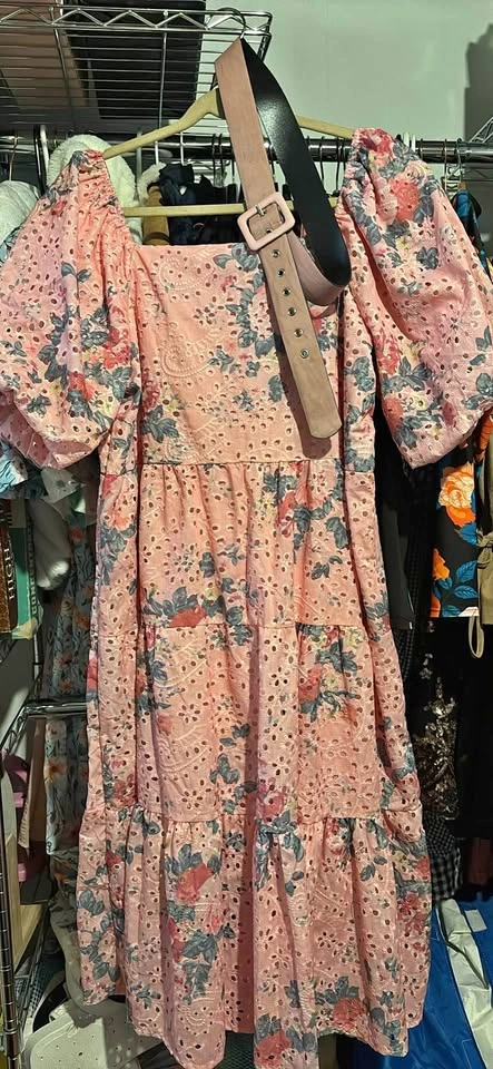 Pink Floral Eyelet Puff Sleeve Dress (Large-XL)