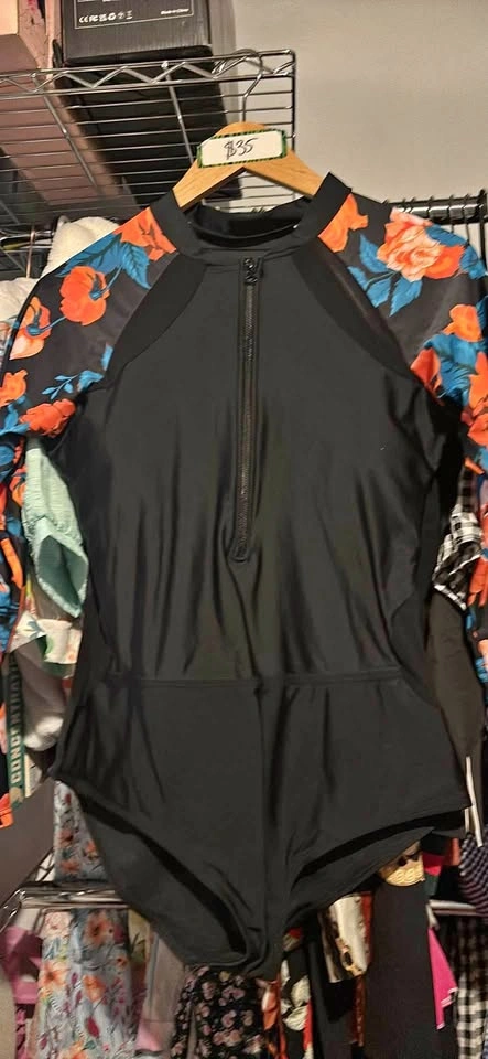 Shein Black Floral Long Sleeve Swimsuit (XL)