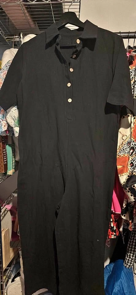 Black Short Sleeve Collared Jumpsuit