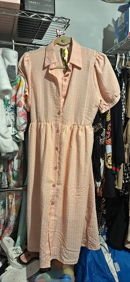 Button Down Puffed Sleeve Midi Dress