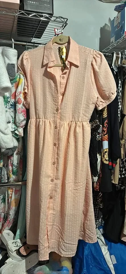 Button Down Puffed Sleeve Midi Dress