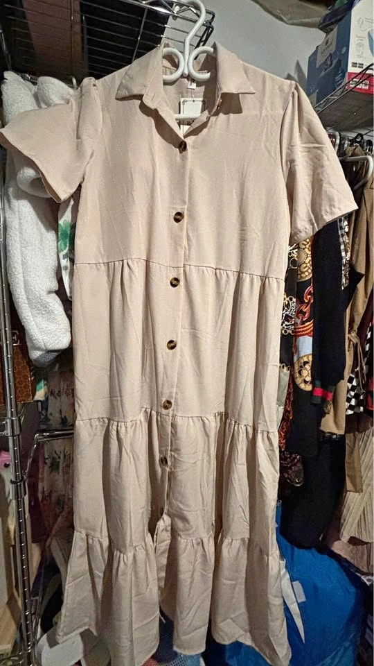 Beige Tiered Button Down Dress